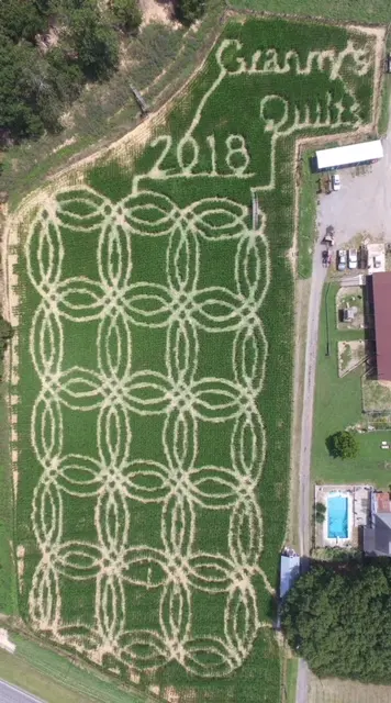Aerial view of a corn maze designed with interlocking rings and labeled 'Granny's Quilt 2018', resembling a traditional quilt pattern.