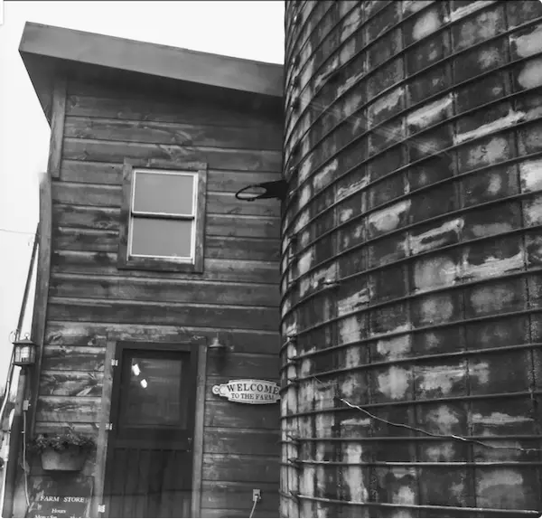 View of a rustic farm store next to a weathered metal silo, with a sign reading 'Welcome to the Farm' above the entrance