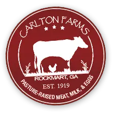 Carlton Farms logo featuring silhouettes of a cow, pig, and chicken on a red background. Text reads: 'Carlton Farms, Rockmart, GA, Est. 1919, Pasture-Raised Meat, Milk & Eggs.